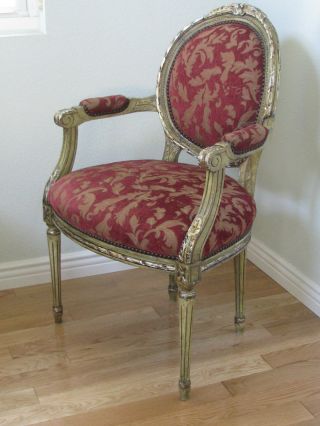 Quality Vintage Painted Louis Xv French Fauteuil Arm Chair With Damask & Silver photo