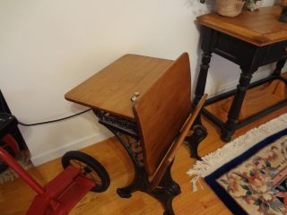 Antique School Desk With Ink Well & Old Bottle Of Ink. .  Unique Piece. . .  Mint photo