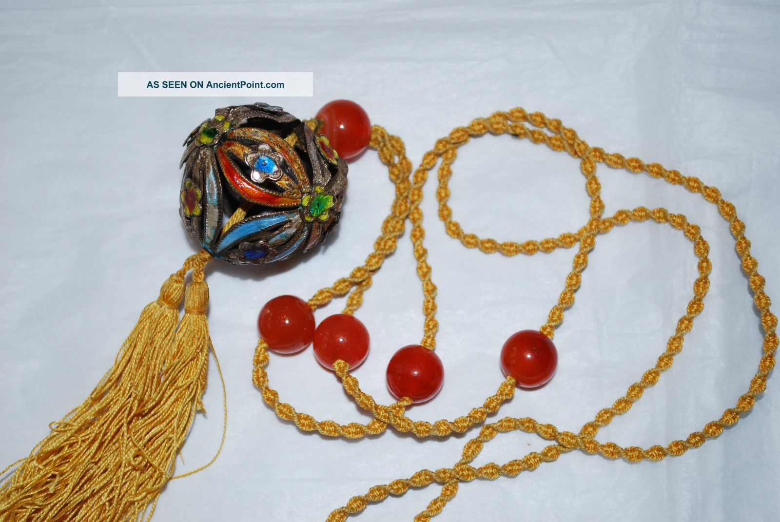 Antique 19c Chinese Enameled Silver Filigree W Carnelian Agate Beads Necklace Necklaces & Pendants photo
