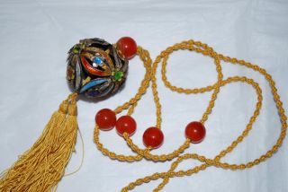 Antique 19c Chinese Enameled Silver Filigree W Carnelian Agate Beads Necklace photo