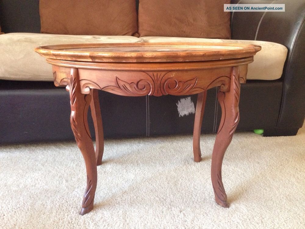 Hand Carved Wood Mid Century Coffee Table Tray Top Inlay Floral Design 1900-1950 photo