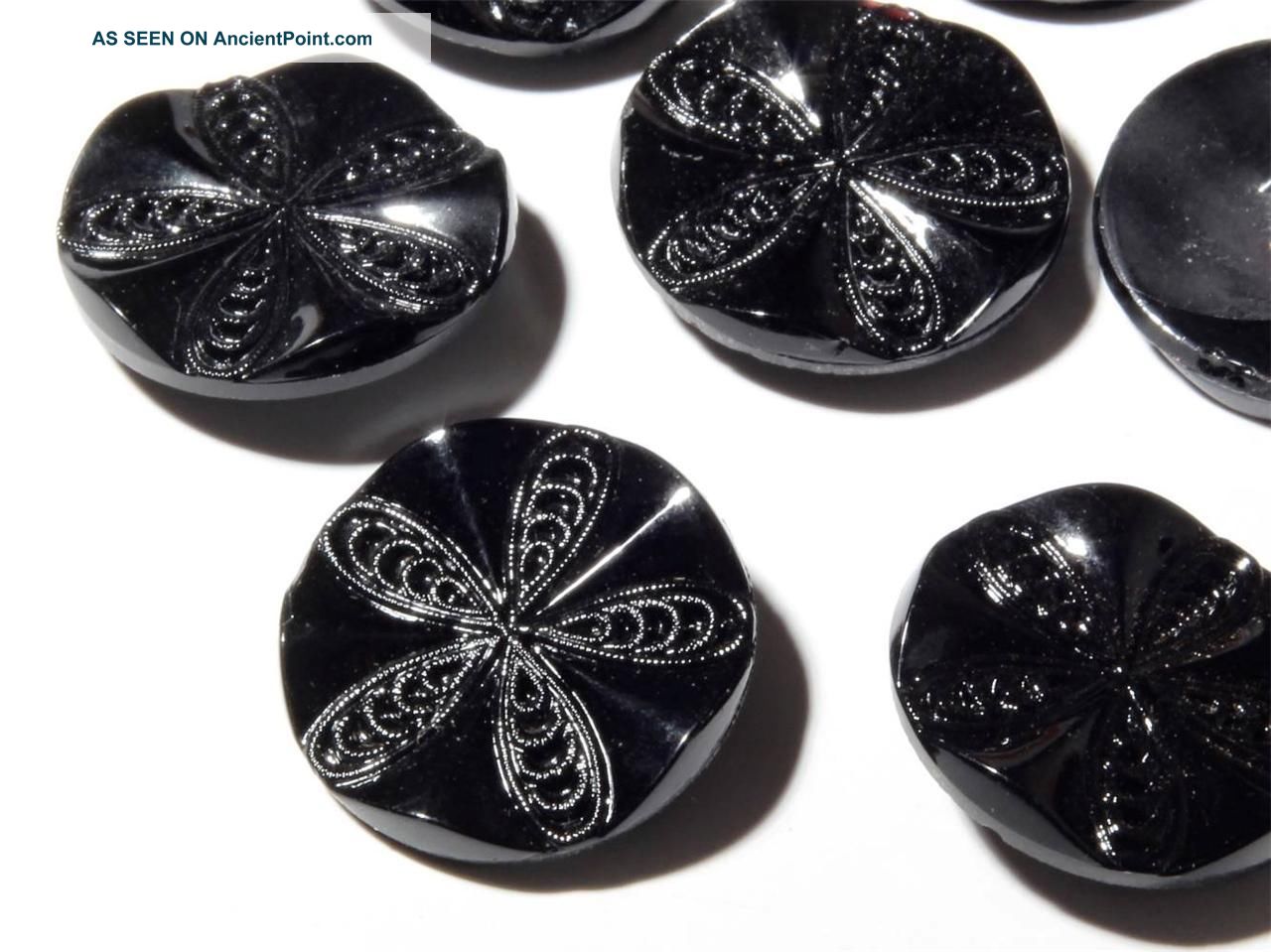 (9) 27mm Czech Bohemian Vintage Fancy Molded Black Floral Glass Buttons Buttons photo