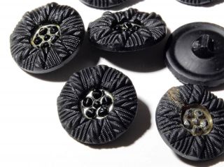 (9) 27mm Czech Bohemian Vintage Fancy Hand Finished Black Floral Glass Buttons photo