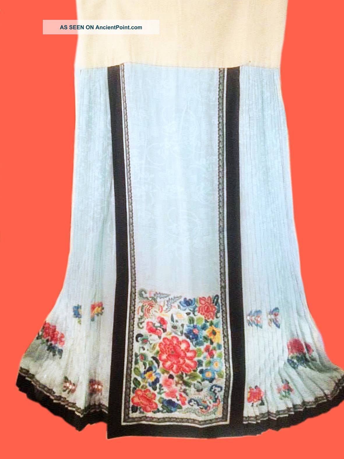 Antique Chinese Pale Blue Butterfly And Flowers Embroidered Skirt Robes & Textiles photo