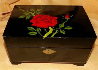 Antique Lg Black Lacquered Musical Jewelry Box With Red Roses photo