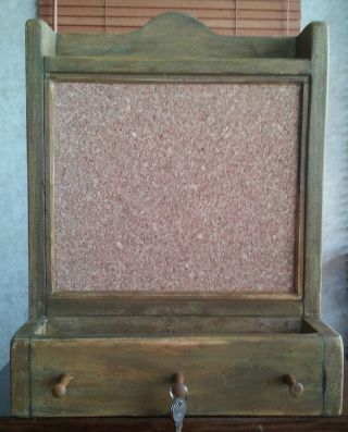 Primitive Country Aged Wood Rustic Message Board Shelf Mail Key Holder Safe photo