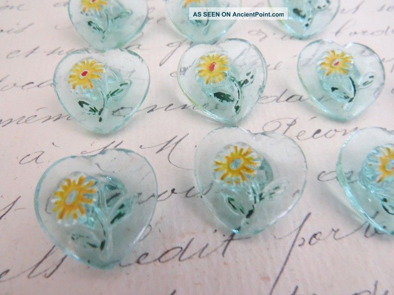 Antique Glass Buttons Hearts Handpainted Flowers Pressed Glass Turquoise Blue Buttons photo