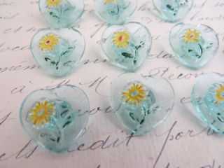 Antique Glass Buttons Hearts Handpainted Flowers Pressed Glass Turquoise Blue photo