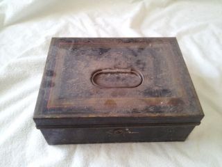 Vintage Antique Metal Money Storage Hobby Box W/ Handle photo