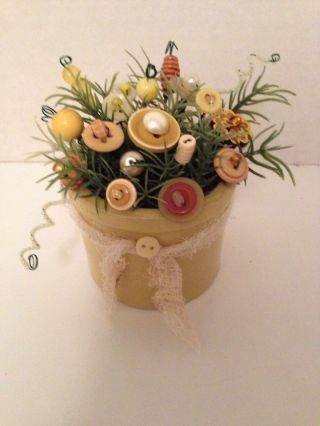 Vintage Button Bokay In Old Yellow Ware Crock - Prim - Farm - Country - Cottage - Ornie photo