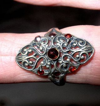 Sterling Ring Antique Silver Marcasite With Red Stones photo