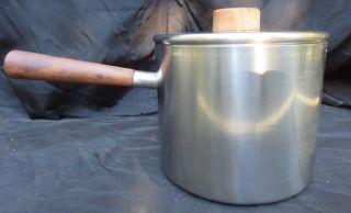 Vintage Mid Century Danish Modern Stainless Steel Cooking Pot W/ Lid Teak Handle photo