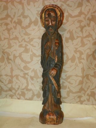 Antique 19c.  Worm Wood Polycrome Santos Hand Carved & Painted 18 In Tall Jesus photo