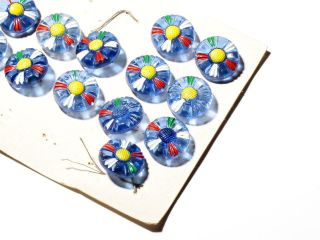Card (16) 18mm Czech Vintage Deco Hand Painted Blue Glass Daisy Flower Buttons photo