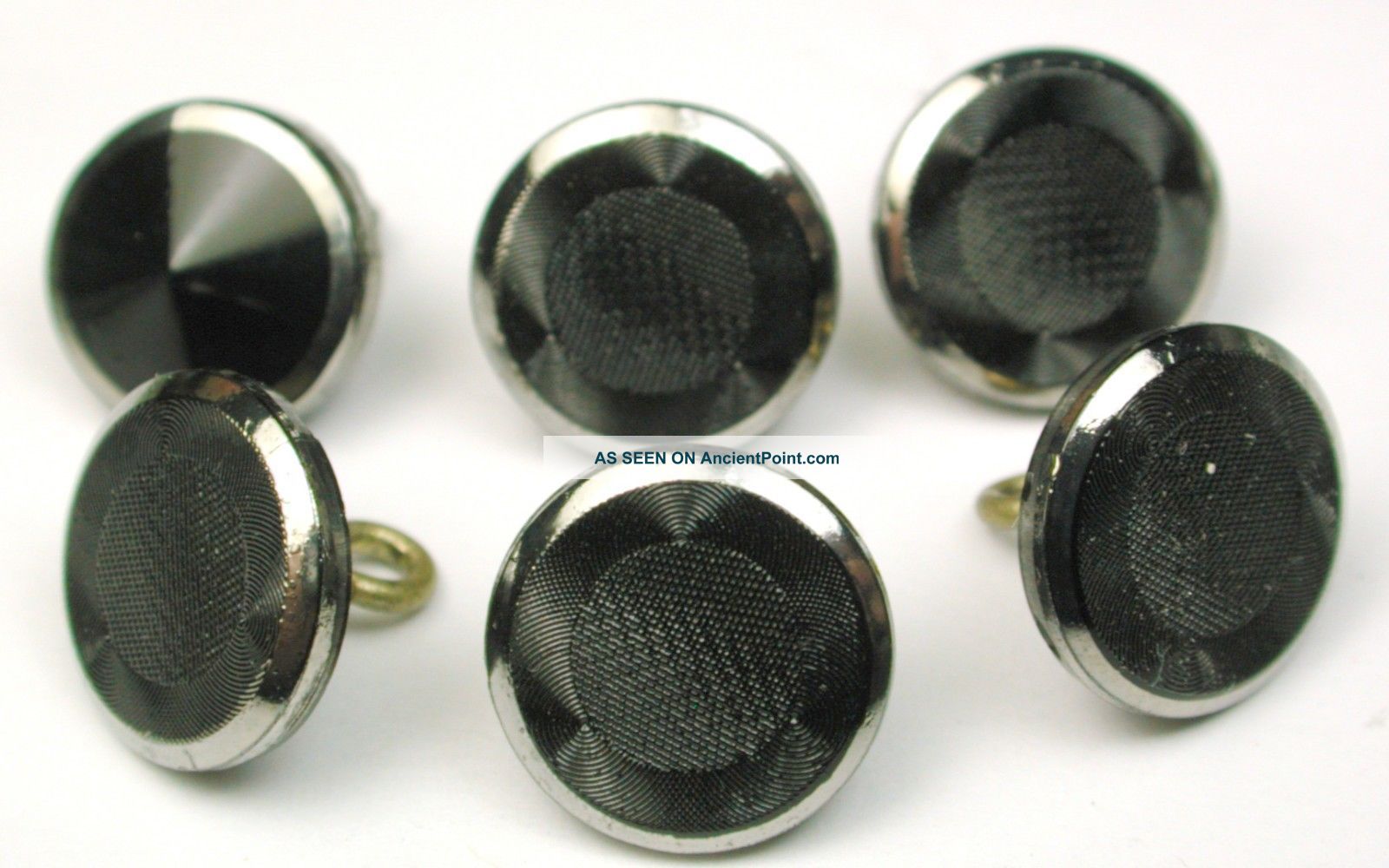 Antique Black Glass Buttons Of 6 W/ Silver Luster & Rosette Shanks 7/16 