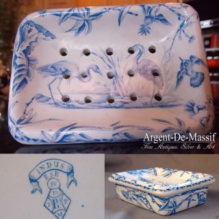 Rare Antique English Porcelain Blue Indus Transferware Soap Dish Ridgway C1877 photo