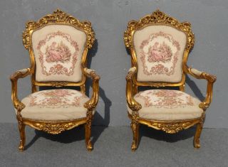 Pair French Antique Louis Xv Gold Gilt Accent Arm Chairs White Tapestry Rococo photo