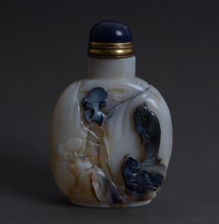 Chinese Elder&lad Hand Carved Natural Shadow Agate Floater Snuff Bottle - Jr11076 photo