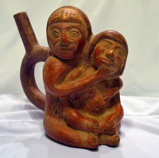 Pre - Columbian Moche Polychrome Ceramic Stirrup Vessel With Coa Stamp - 600 Ad photo