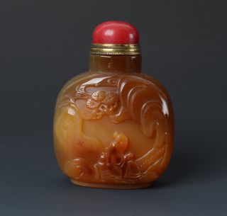 Chinese Elder&pine Tree Hand Carved Natural Agate Floater Snuff Bottle - Jr10707 photo