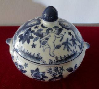 Antique Chinese Export Porcelain Blue & White Tureen 19th C With Angles,  Moon, photo