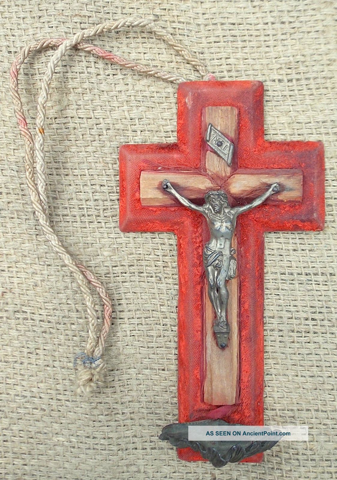 Antique French Red Velvet Wall Mounted Crucifix With Clam Shell Holy Water Font European photo