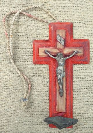 Antique French Red Velvet Wall Mounted Crucifix With Clam Shell Holy Water Font photo