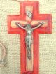 Antique French Red Velvet Wall Mounted Crucifix With Clam Shell Holy Water Font European photo 4