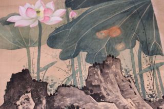 Fine Antique Chinese Scroll Lotus And Bird Mid 20th Century Signed photo