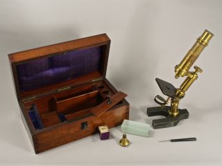 A Fine 19th C.  Mahogany Cased Microscope & Accessories,  By E.  Hart & A.  Praz. photo