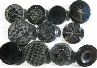 Mixed Of Large Antique Victorian Jet Black Glass Mourning Buttons Lacy Bird photo