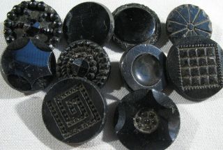 Mixed Of 10 Large Antique Victorian Jet Black Glass Mourning Buttons Lacy photo
