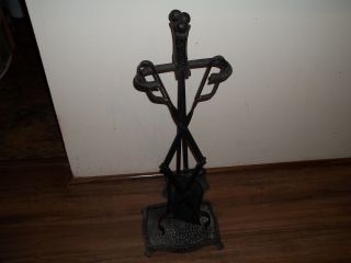 Antique Hammered Cast Iron Black Metal Fire Place Hearth Tool Set 3pc Stand photo
