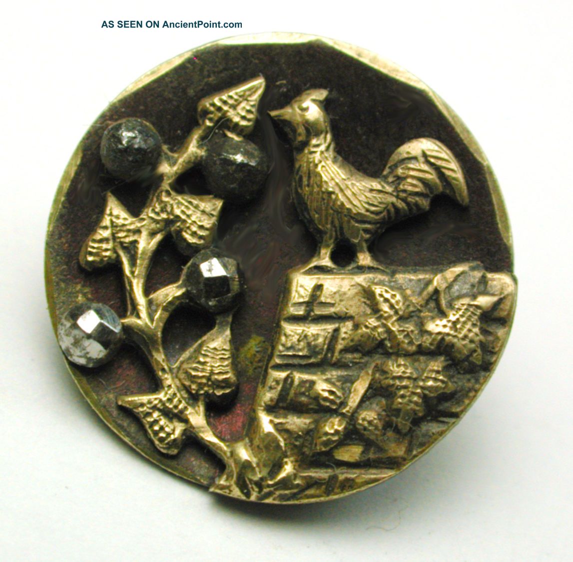 Antique Button Brass Rooster On Wall W/ Cut Steel Accents 5/8 