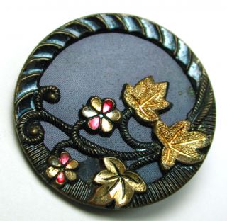 Antique Brass Button Floral Design W/ Luster & Tint Accents 1 & 3/16 