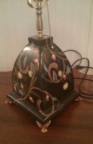 Table Lamp Wood Black With Asian Flowers Fruits Primative Hand Painted Gold Feet photo