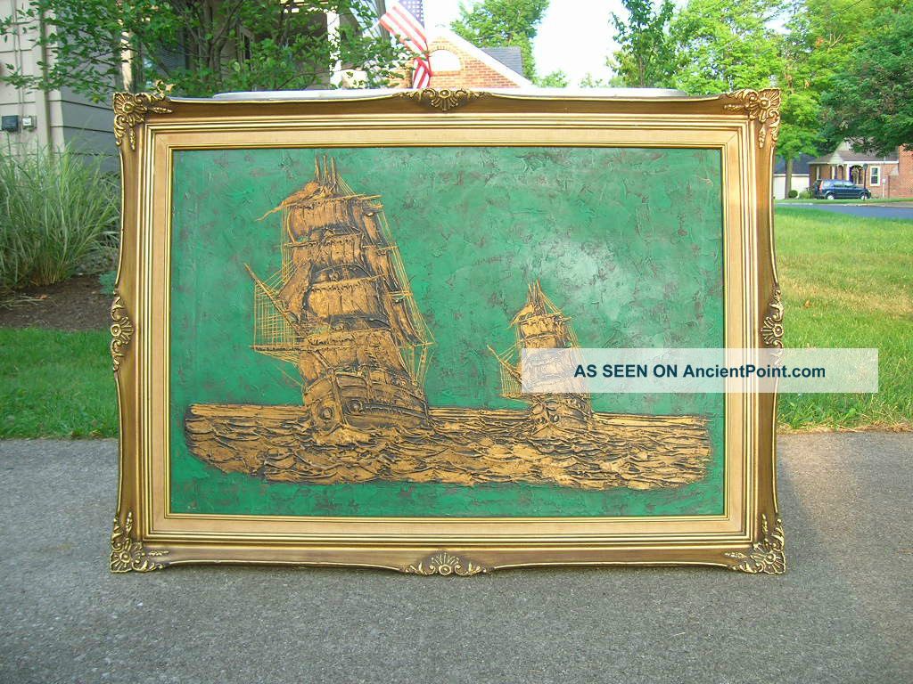 Mid Century Modern Sailing Ships 42x30 Canvas Painting Drip Art Signed Borson Mid-Century Modernism photo
