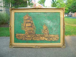 Mid Century Modern Sailing Ships 42x30 Canvas Painting Drip Art Signed Borson photo