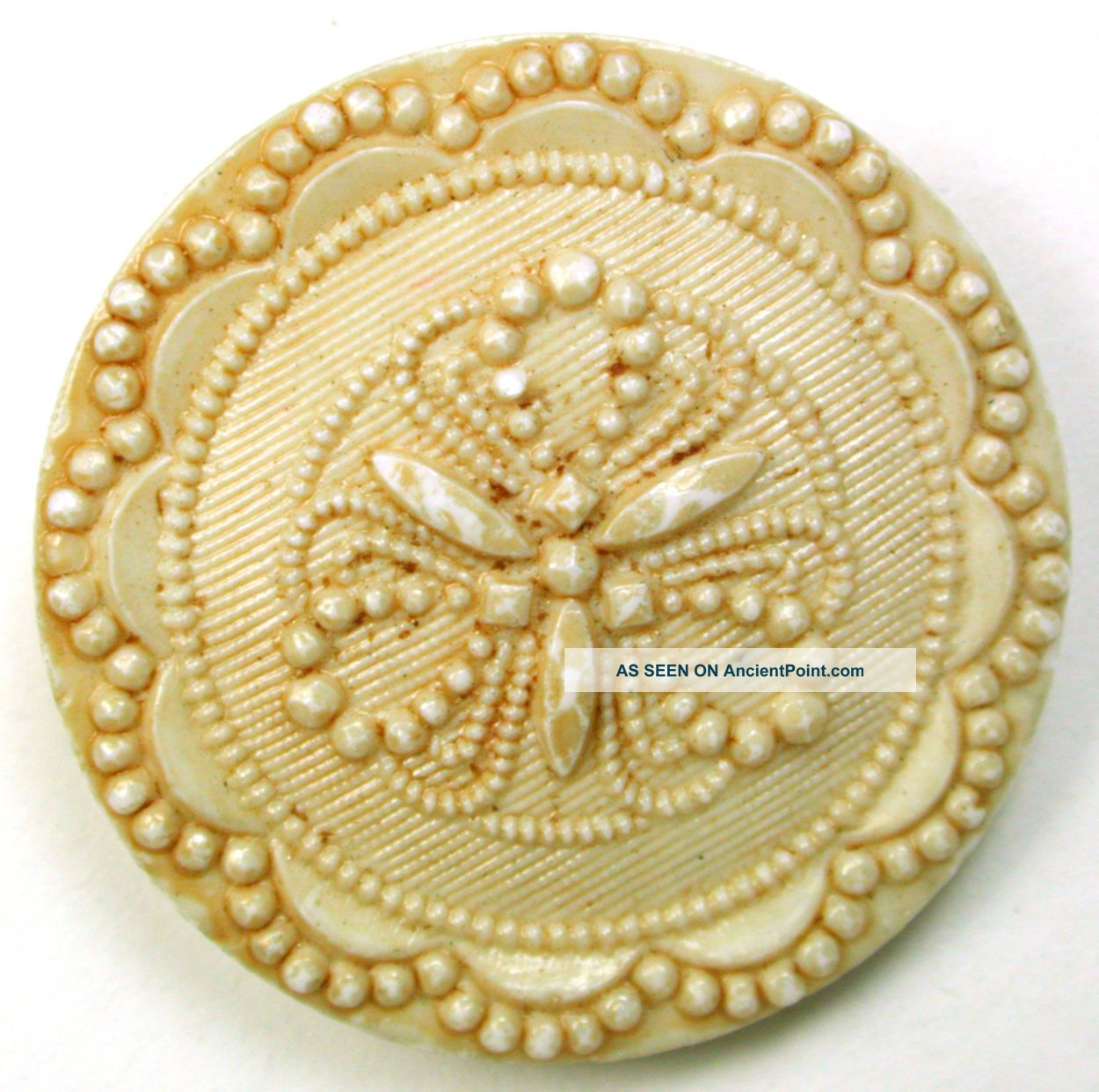 Antique Victorian Glass Button Ivory Color Embroidery Floral 1 & 1/16 