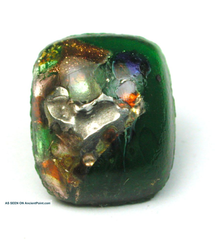 Antique Leo Popper Glass Button Green Rectangle W/ Silver Orange Blue 7/16 