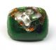 Antique Leo Popper Glass Button Green Rectangle W/ Silver Orange Blue 7/16 