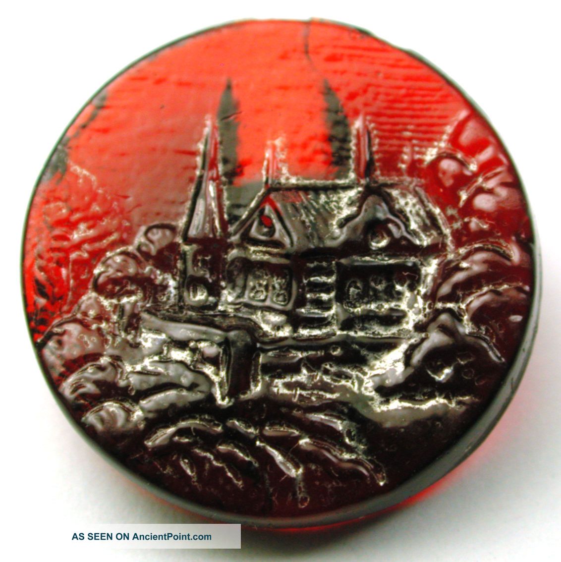 Antique Ruby Glass Button Quaint Cottage Pictorial W/ Silver Luster 11/16 