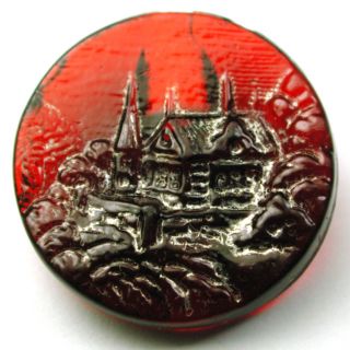 Antique Ruby Glass Button Quaint Cottage Pictorial W/ Silver Luster 11/16 