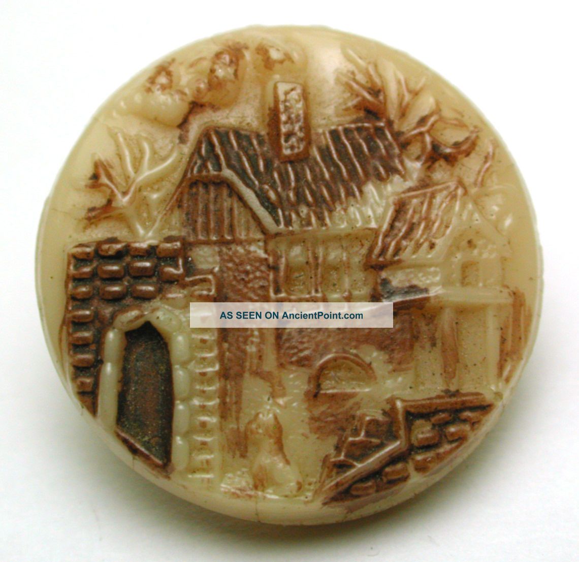 Antique Custard Glass Button Medieval Village Pictorial W/ Tint 11/16 