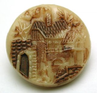 Antique Custard Glass Button Medieval Village Pictorial W/ Tint 11/16 