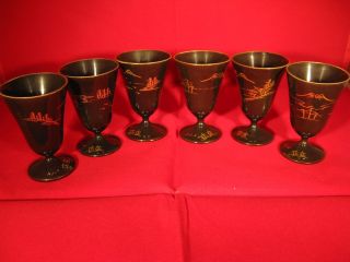 Vtg Antique Sake Set 6 Japanese Lacquer Saki Cups Goblets Makie Aizu Fuji Torii photo