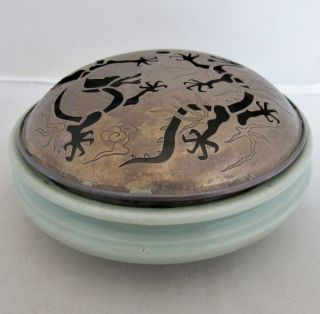 Antique Chinese Celadon Green Glazed Censer W/ Sterling Silver Dragon Lid (5.  5 