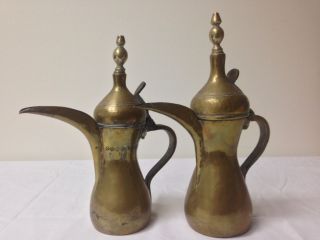 2 Antique Islamic Dallah Coffee Pot Ottoman Saudi Bedouin Ewer Coffee Brass photo