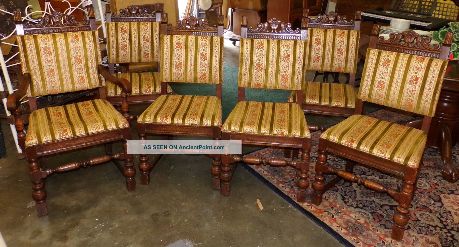 Antique Set Of 6 Victorian 1 Arm Jacobian Chairs Tapestry Upholstery 1900-1950 photo