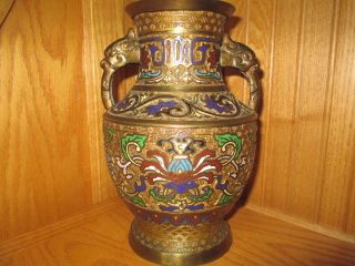 Vintage Brass Cloisonne Japan Two - Handled Vase Urn Colored Enamel Dragon Handles photo